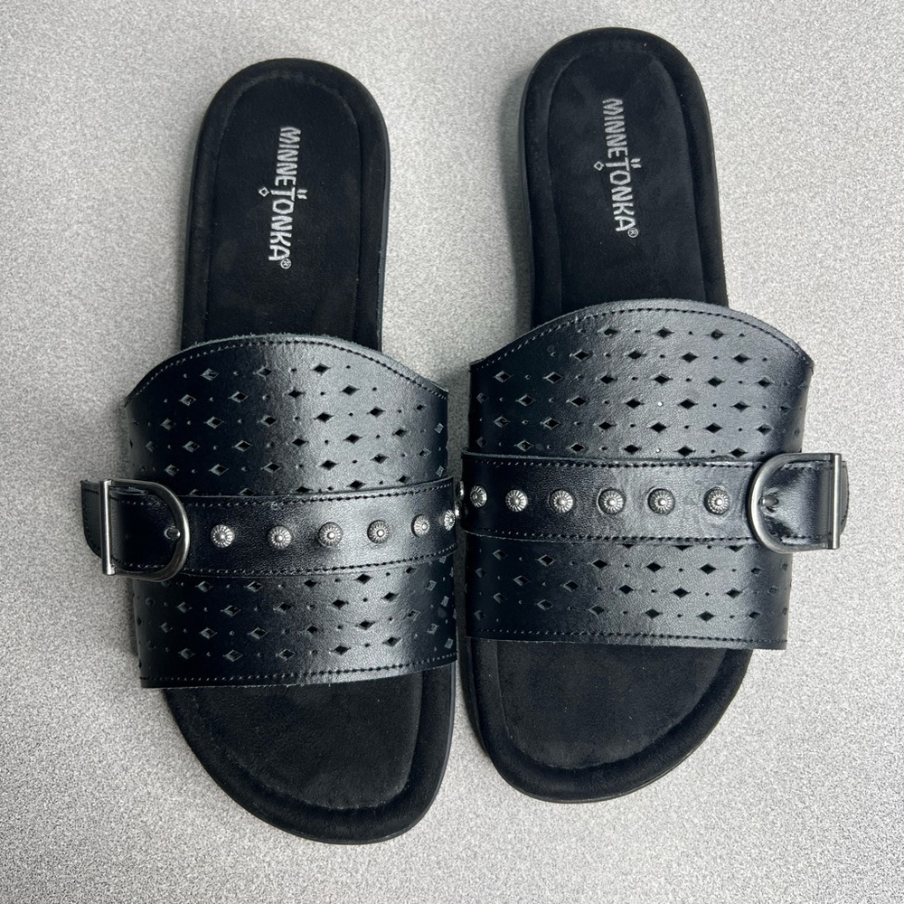Minnetonka Womens Black  Leather Slide Sandals Sz US 10WW